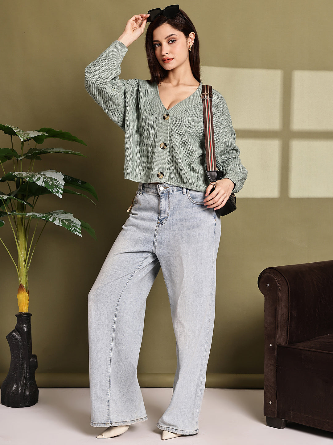 Light Sea Green Knitted Acrylic Button-Down Cardigan