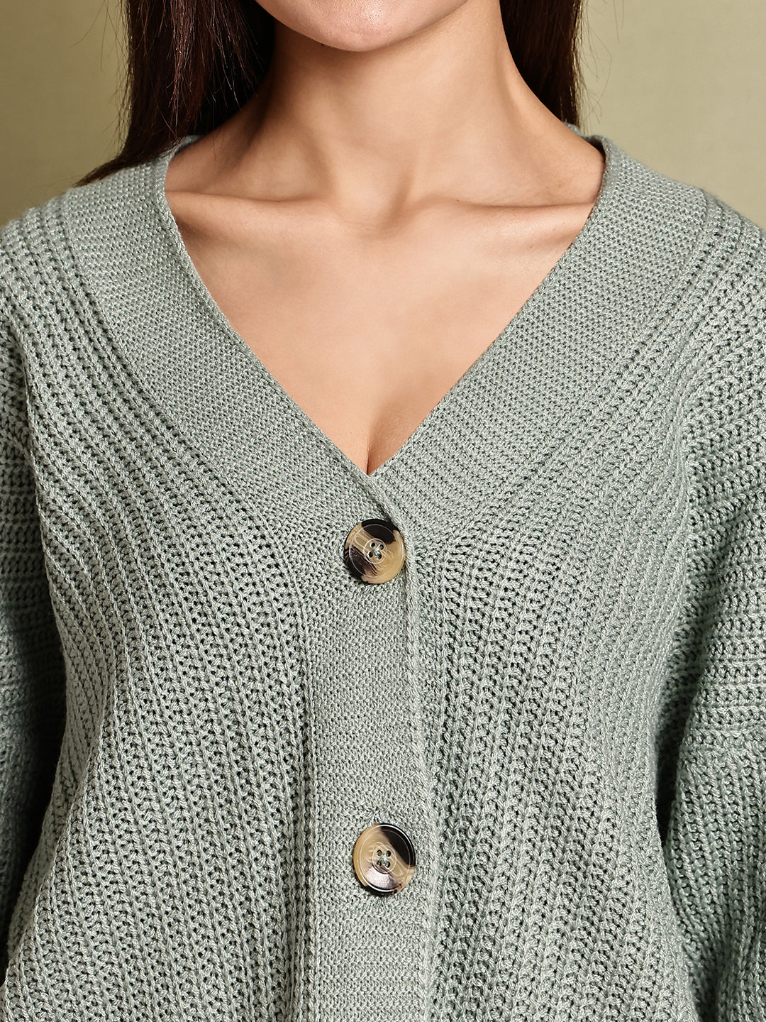 Light Sea Green Knitted Acrylic Button-Down Cardigan