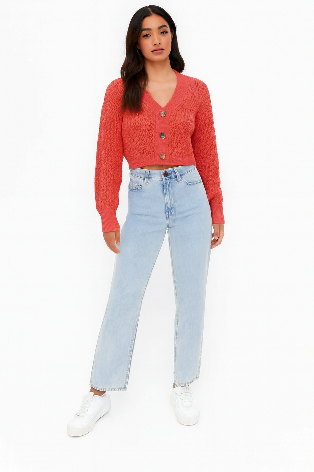 Orange Knitted Acrylic Button-Down Cardigan