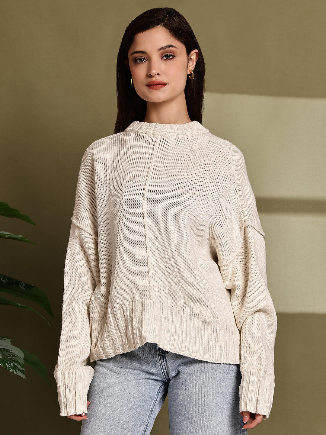 Acrylic Full Sleeve with Drop Shoulder Knit Cream Sweater