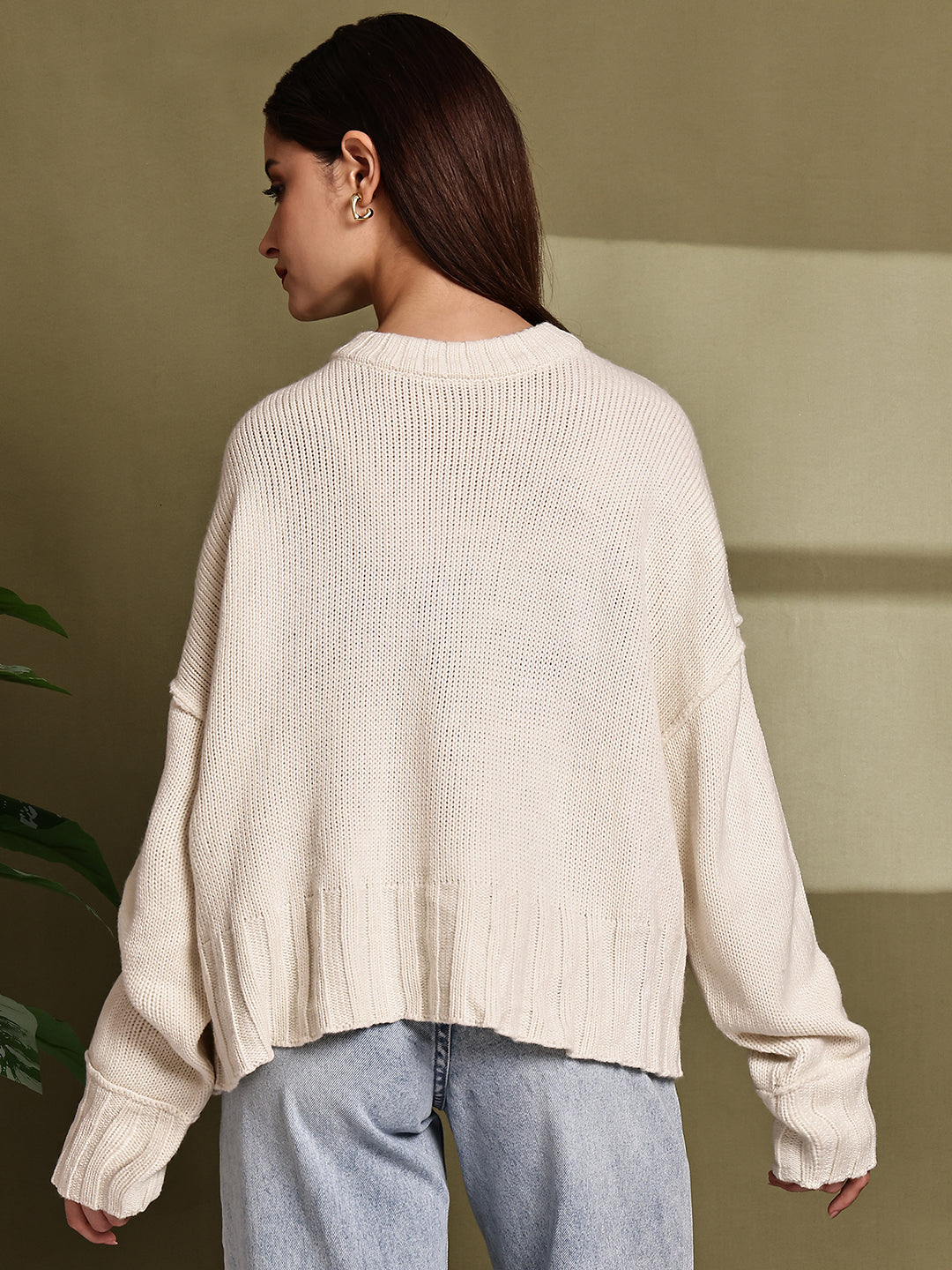 Acrylic Full Sleeve with Drop Shoulder Knit Cream Sweater