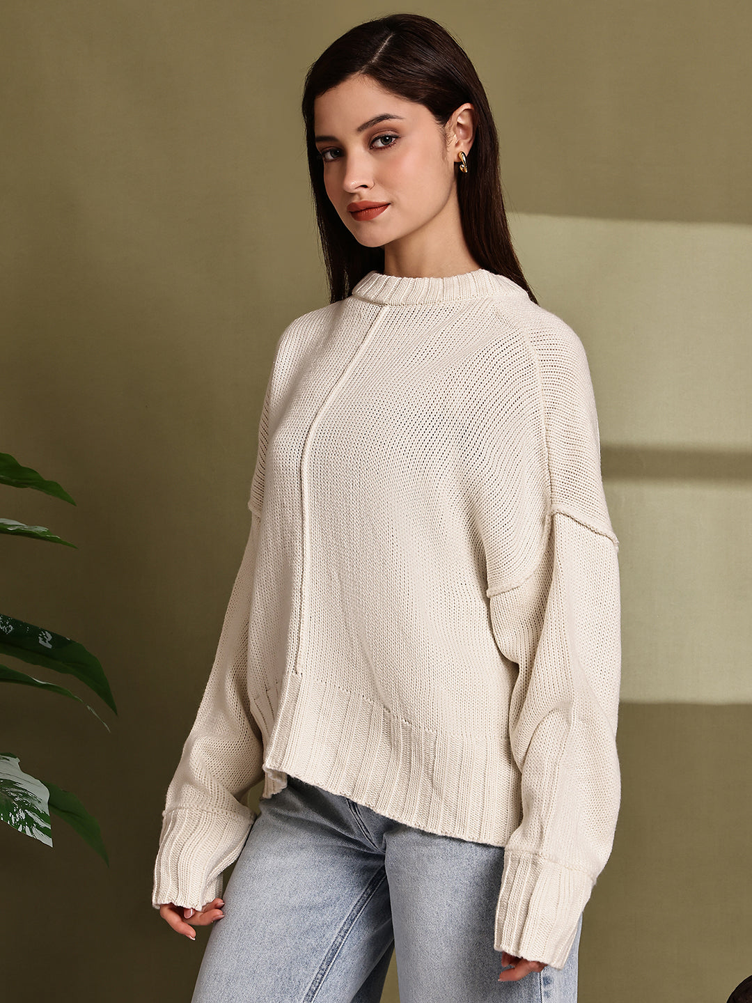 Acrylic Full Sleeve with Drop Shoulder Knit Cream Sweater