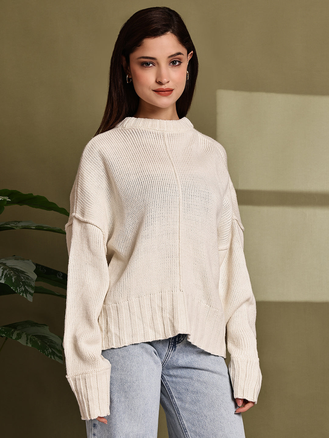 Acrylic Full Sleeve with Drop Shoulder Knit Cream Sweater