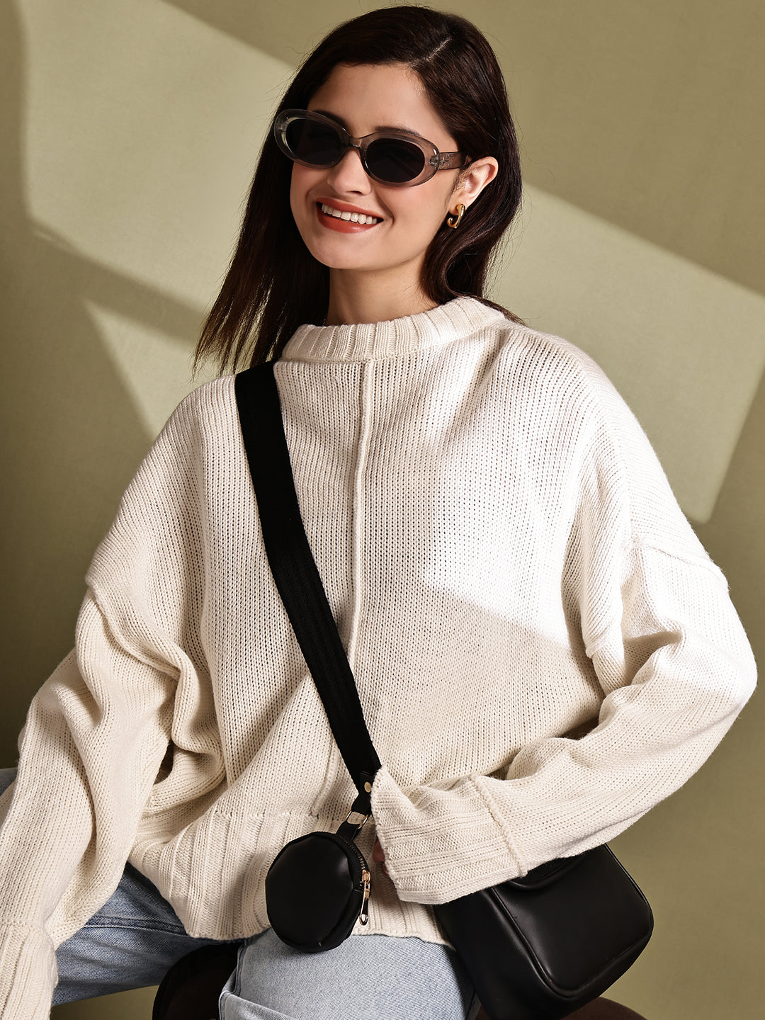 Acrylic Full Sleeve with Drop Shoulder Knit Cream Sweater