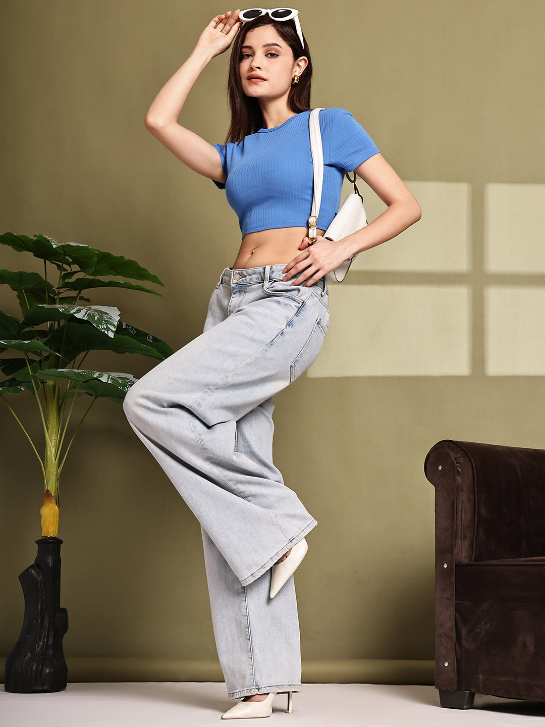 Polyester Blue Stretchable Back Tie Crop Top