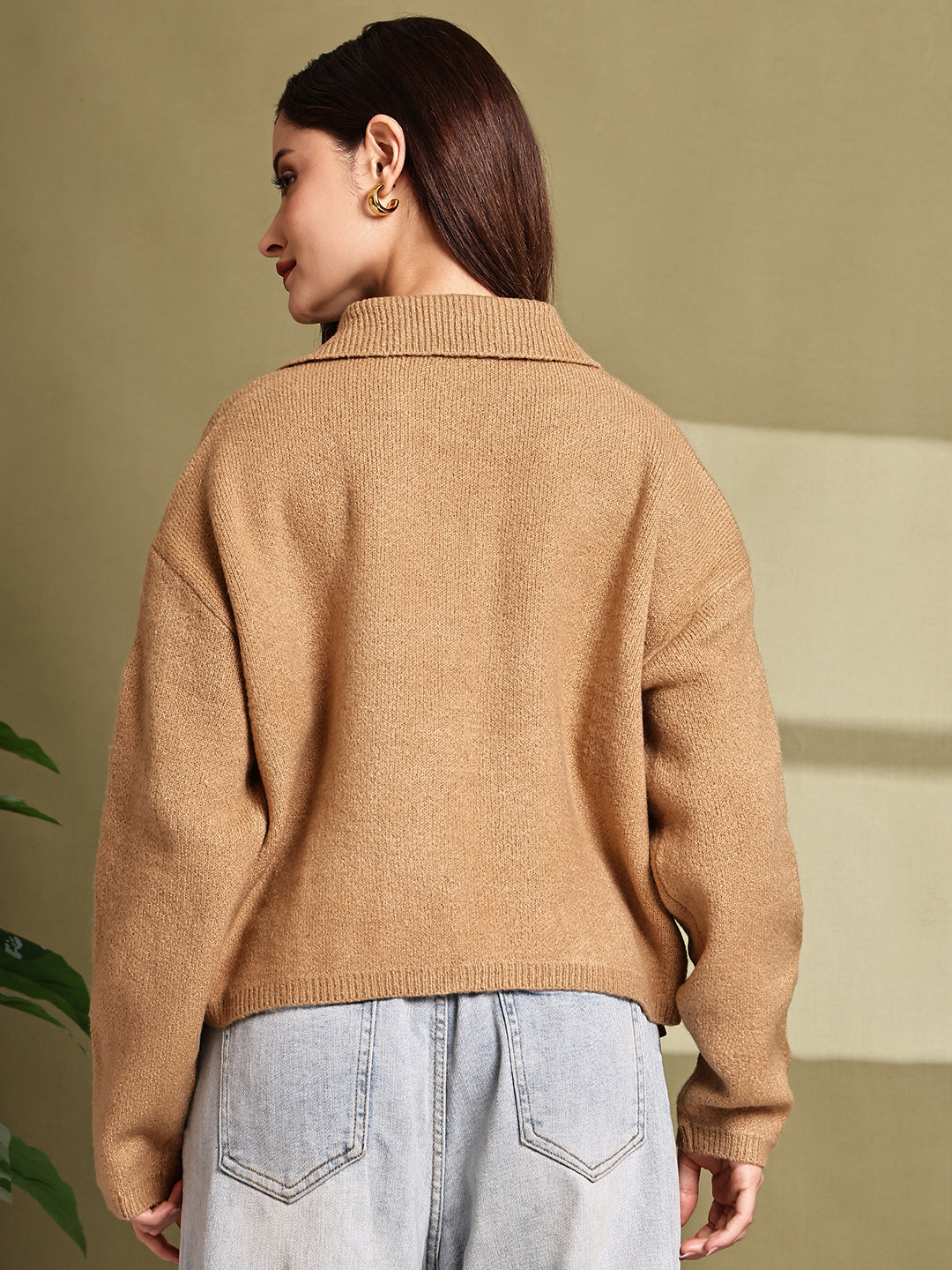 Acrylic Full Sleeve with Brown Loose-Fit Collared Sweater