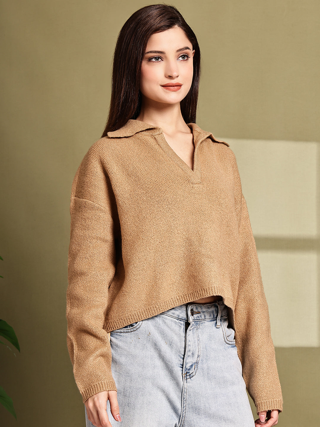 Acrylic Full Sleeve with Brown Loose-Fit Collared Sweater
