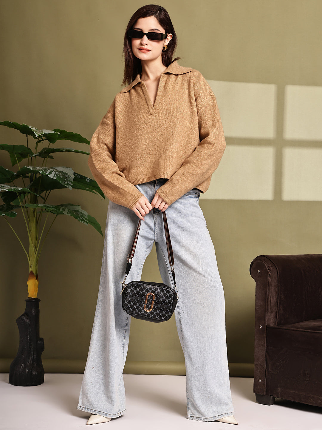 Acrylic Full Sleeve with Brown Loose-Fit Collared Sweater
