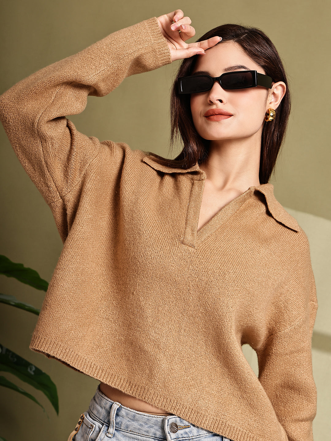 Acrylic Full Sleeve with Brown Loose-Fit Collared Sweater