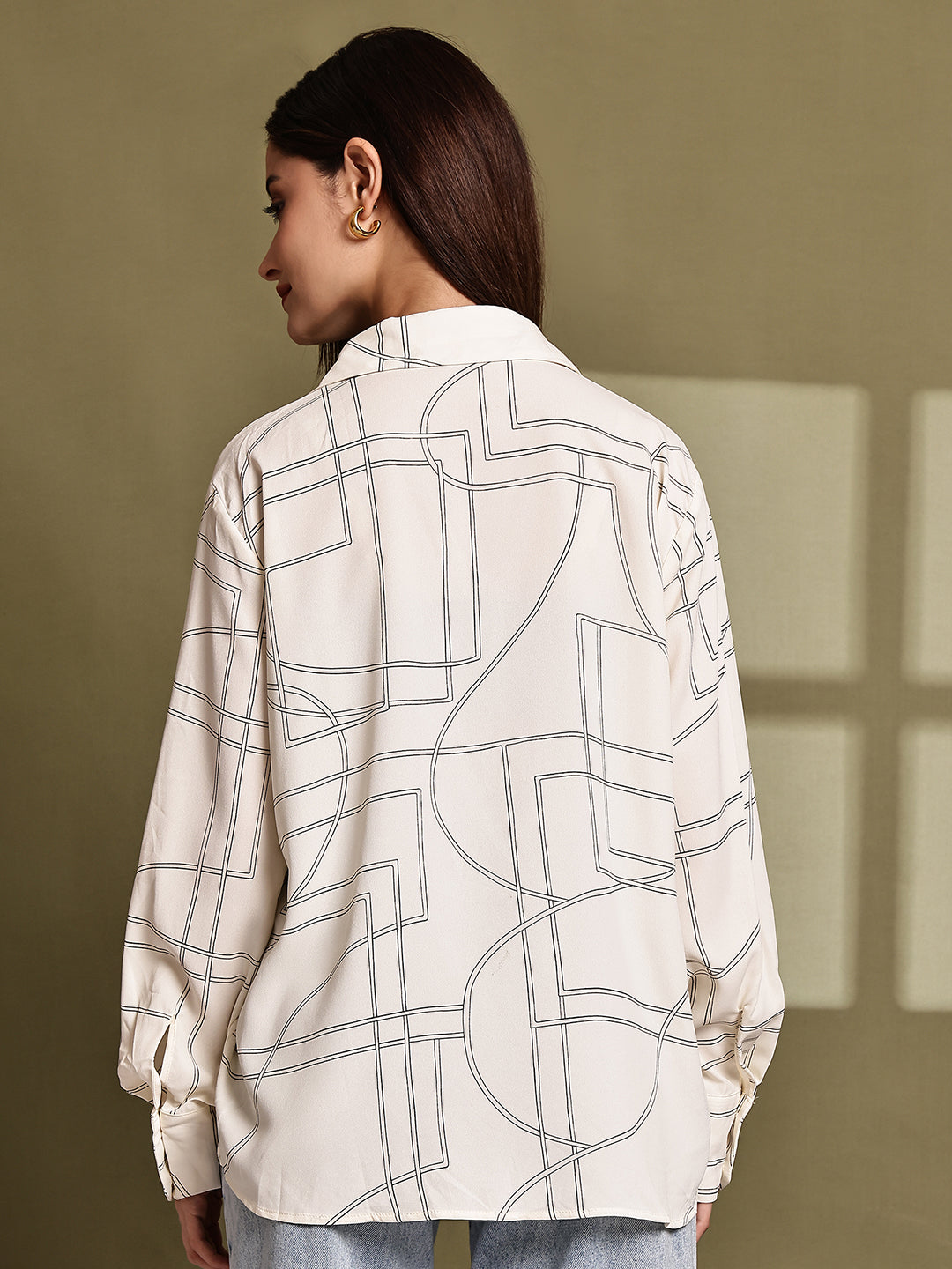 Polyester Cream Printed Loose Fit Polyester Shirt