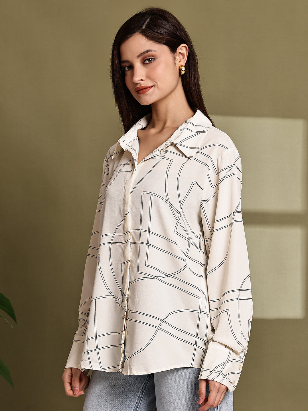 Polyester Cream Printed Loose Fit Polyester Shirt