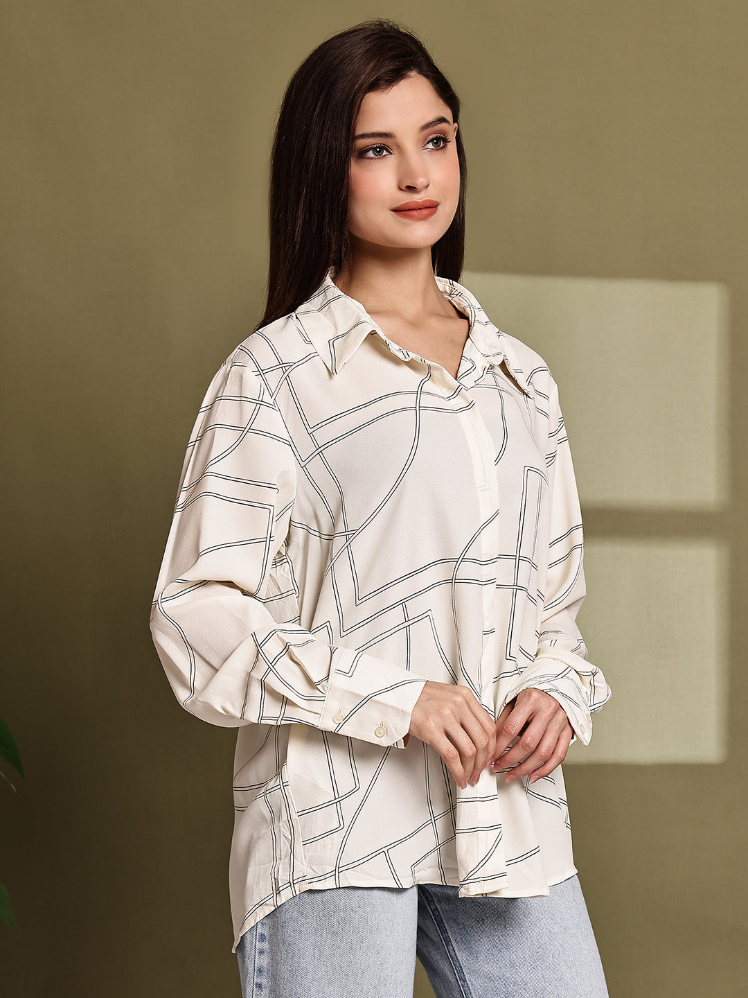 Polyester Cream Printed Loose Fit Polyester Shirt