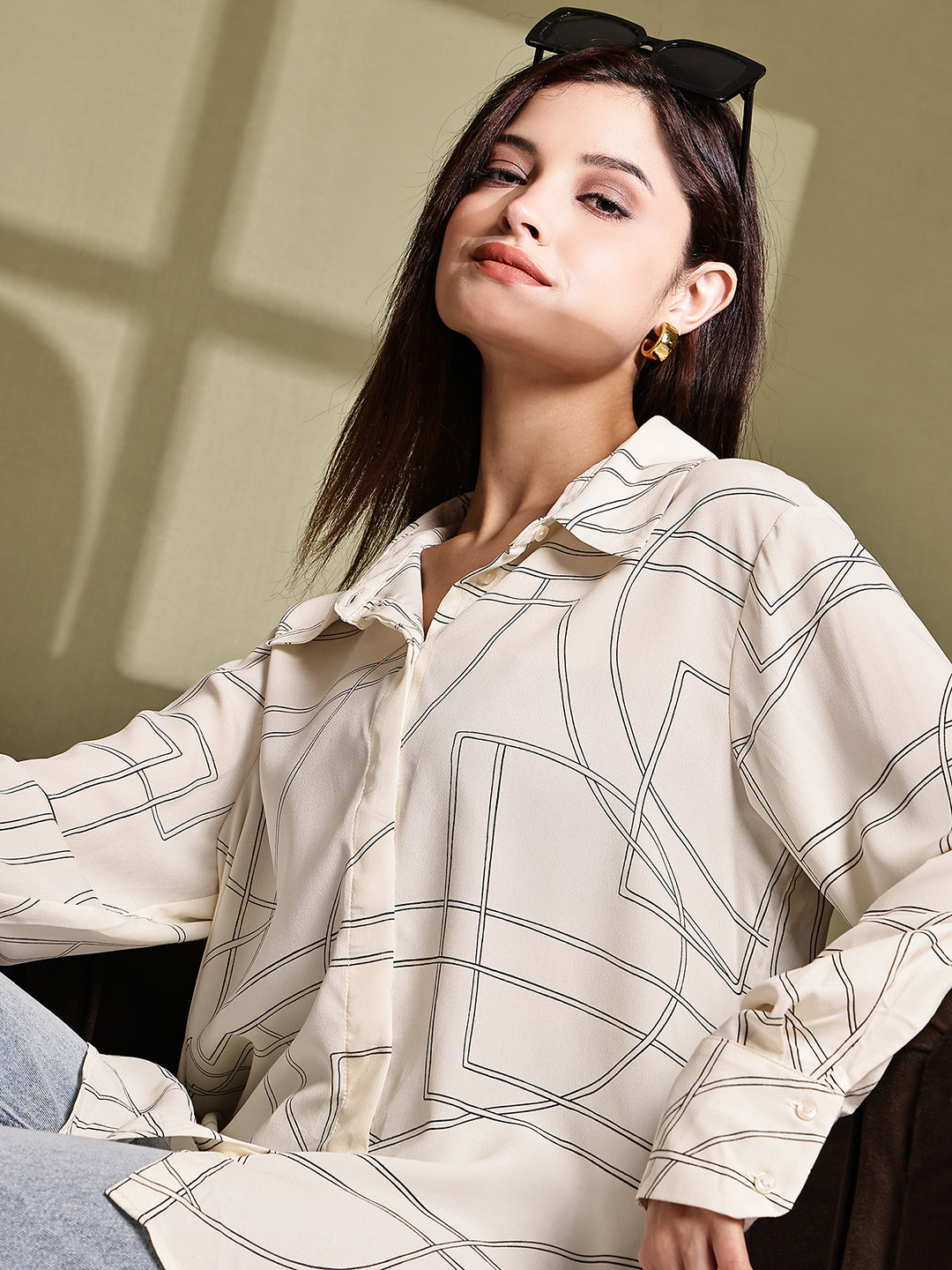 Polyester Cream Printed Loose Fit Polyester Shirt