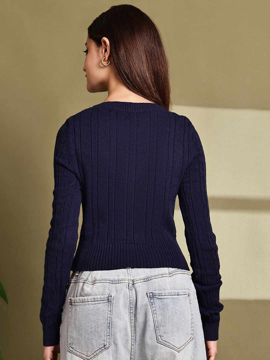 Viscose Dark Blue Stretchable V-Neck Knit Sweater
