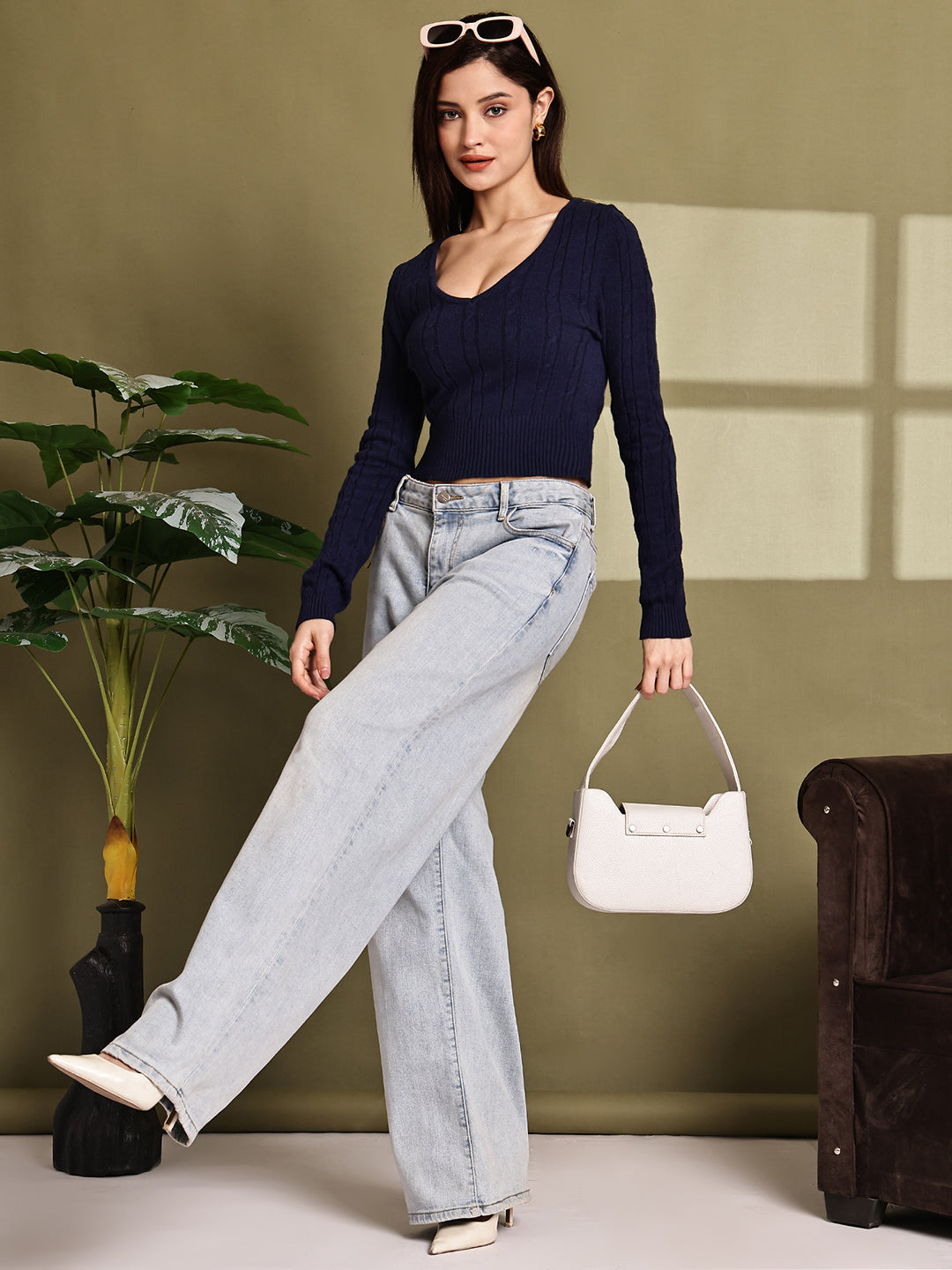 Viscose Dark Blue Stretchable V-Neck Knit Sweater