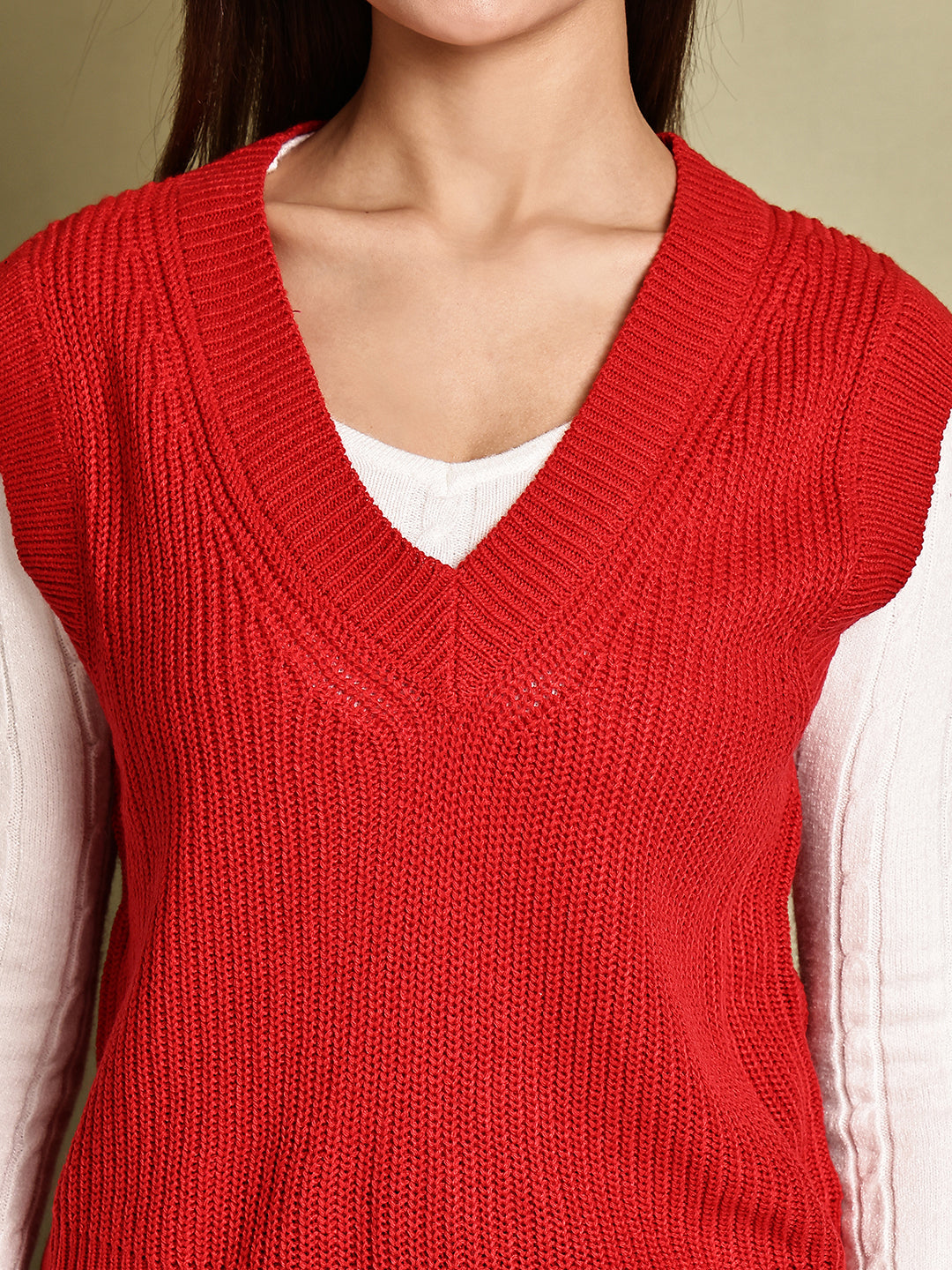 Acrylic Red V-Neck Sleeveless Sweater Vest