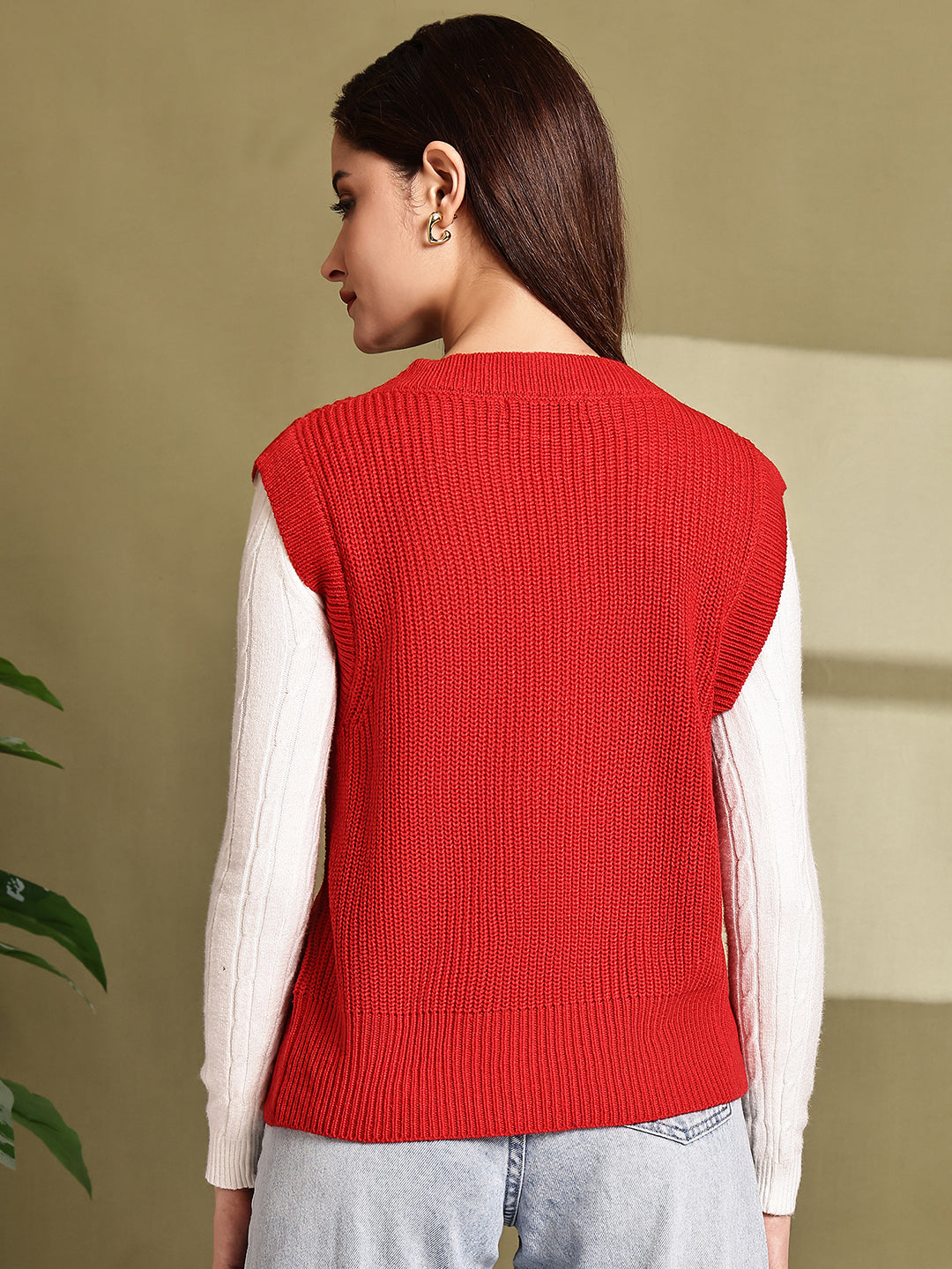 Acrylic Red V-Neck Sleeveless Sweater Vest