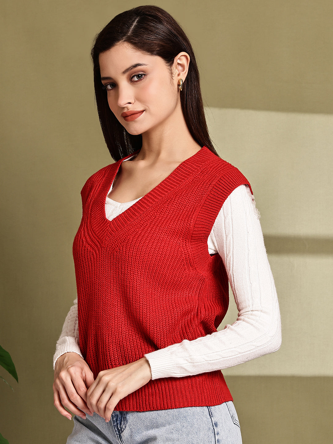 Acrylic Red V-Neck Sleeveless Sweater Vest