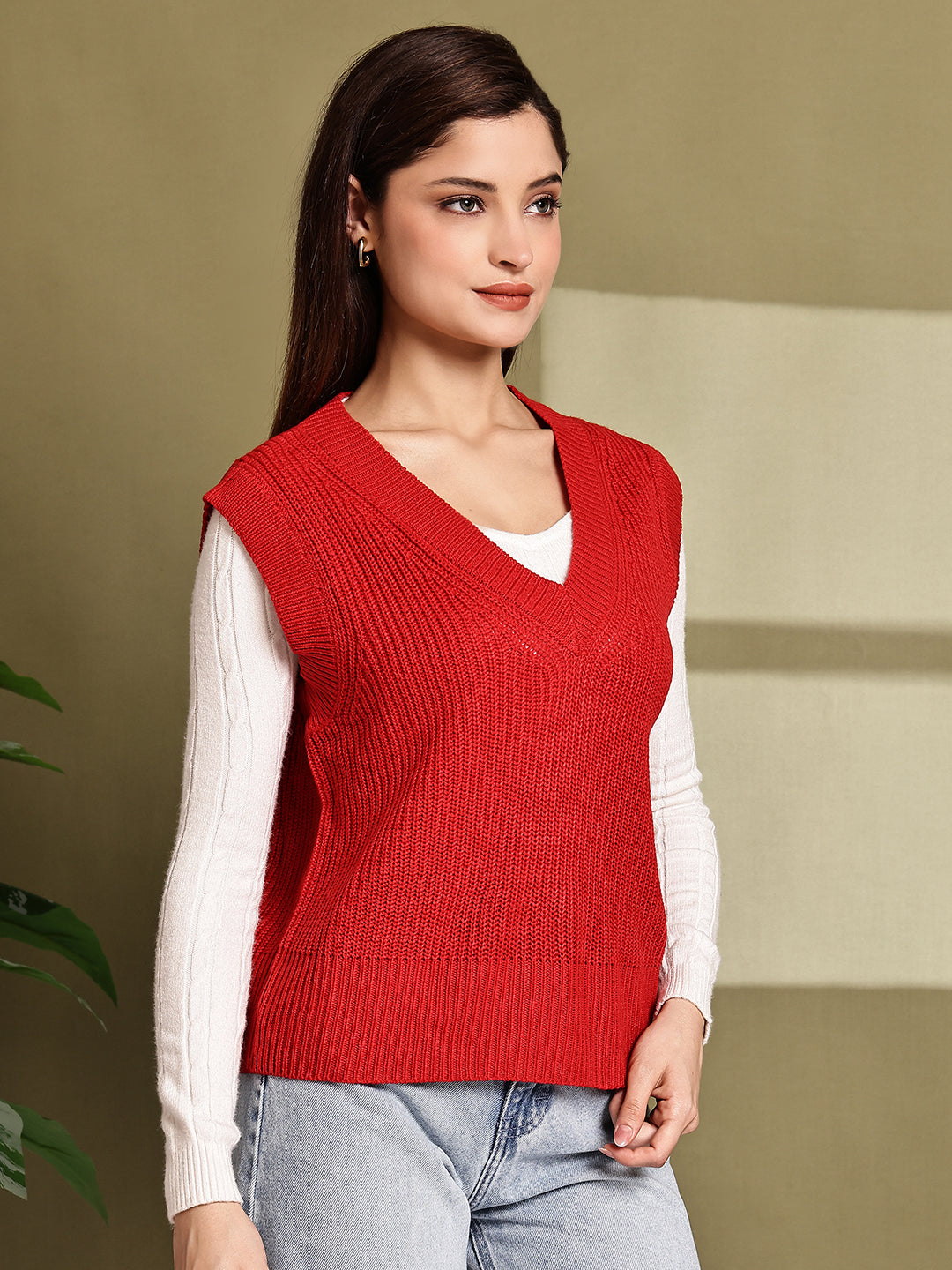Acrylic Red V-Neck Sleeveless Sweater Vest