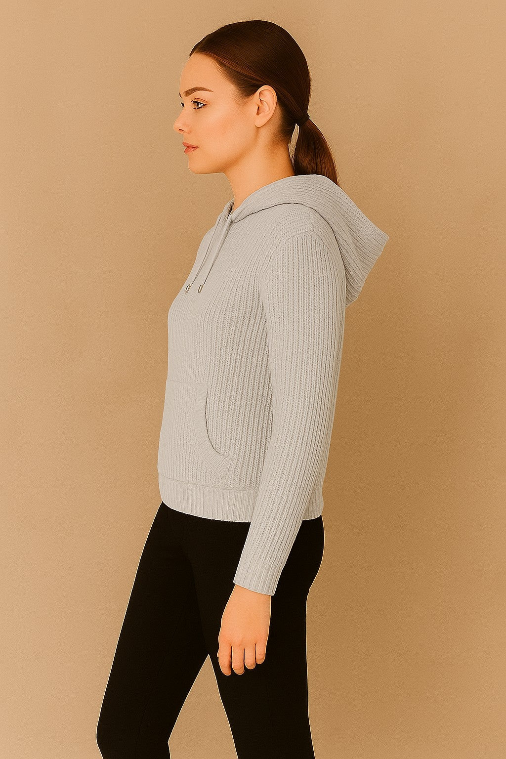 Acrylic Full Sleeve Grey Knitted Hoodie Sweater