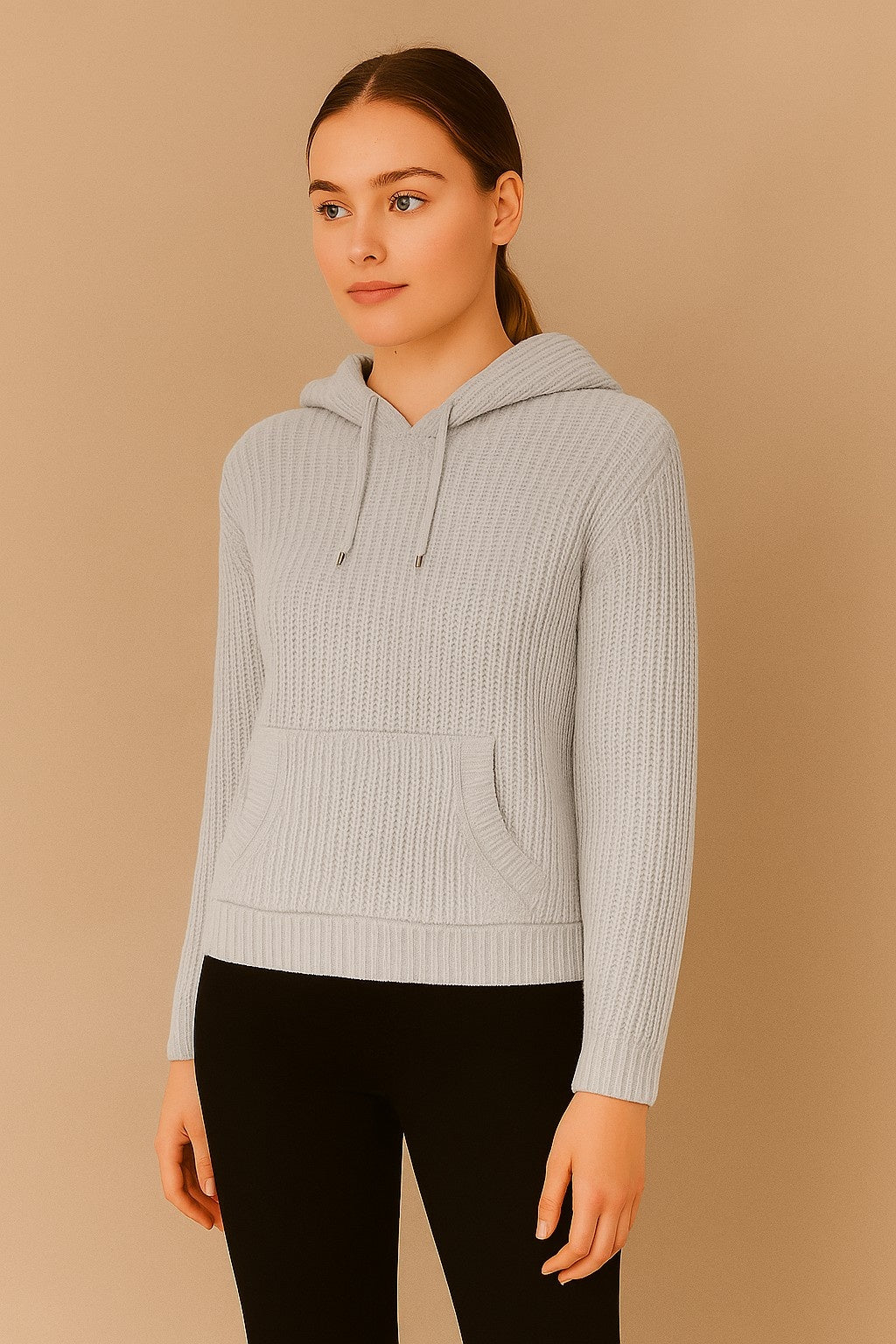 Acrylic Full Sleeve Grey Knitted Hoodie Sweater