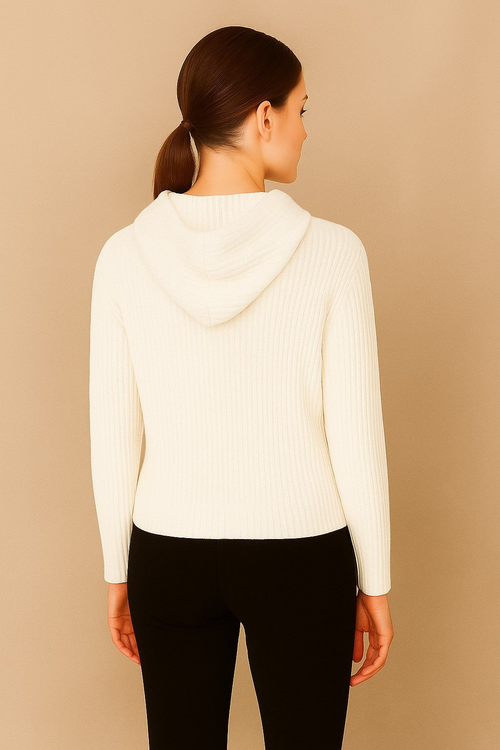 Acrylic Full Sleeve White Knitted Hoodie Sweater