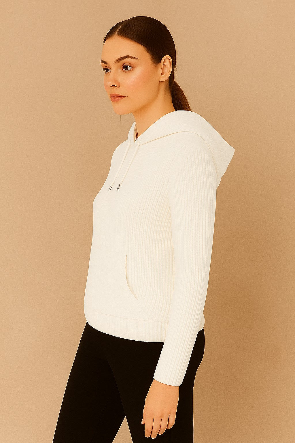 Acrylic Full Sleeve White Knitted Hoodie Sweater