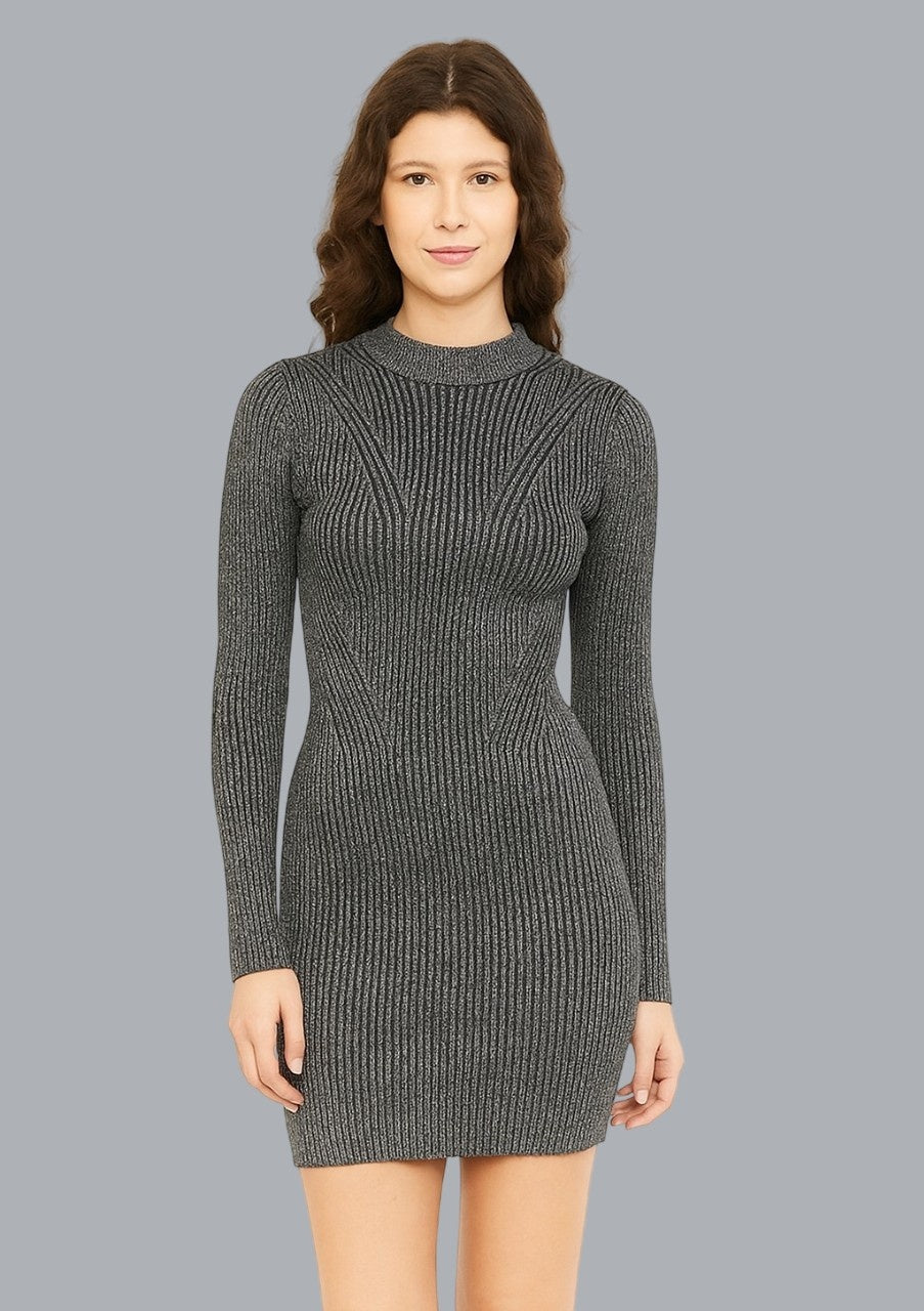 Viscose Black Metallic Ribbed Bodycon Dress