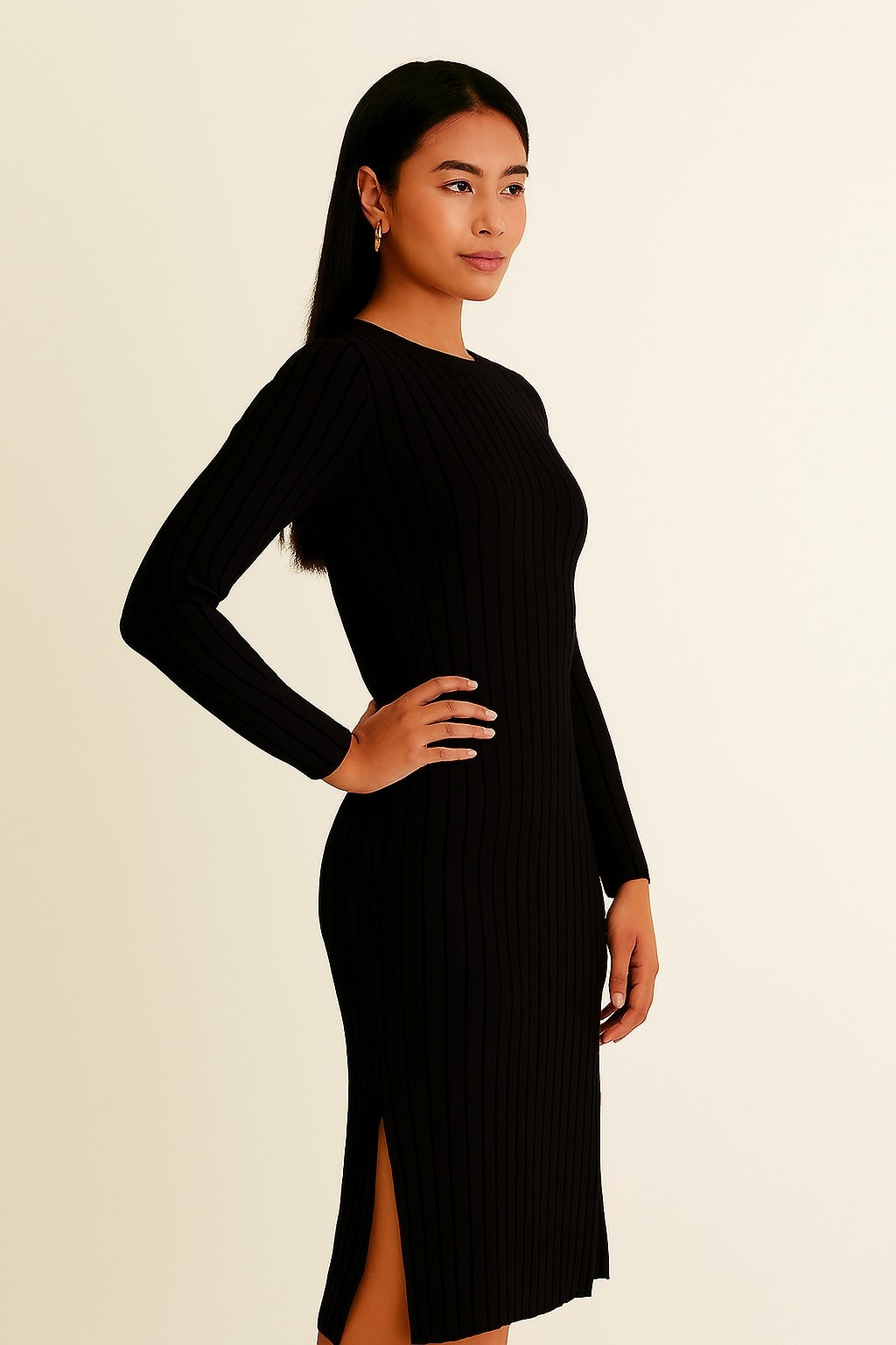 Acrylic Black Ribbed Knit Bodycon Midi Dress