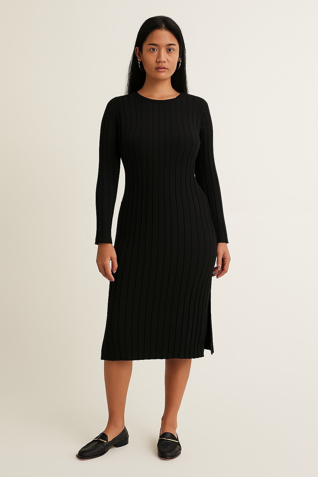 Acrylic Black Ribbed Knit Bodycon Midi Dress