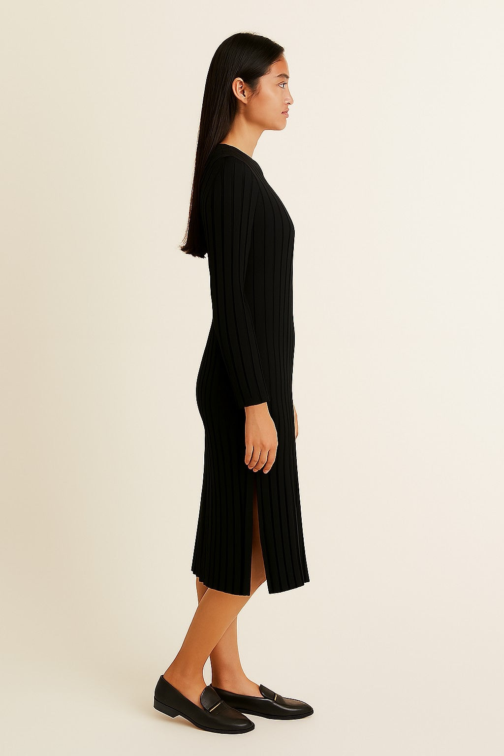 Acrylic Black Ribbed Knit Bodycon Midi Dress