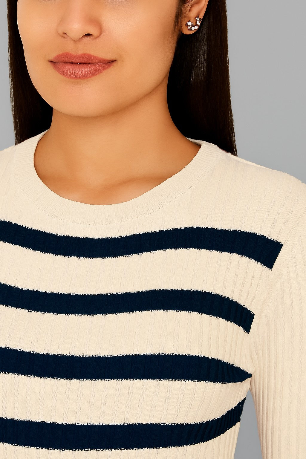Acrylic Cream & Navy Striped Knit Midi Dress