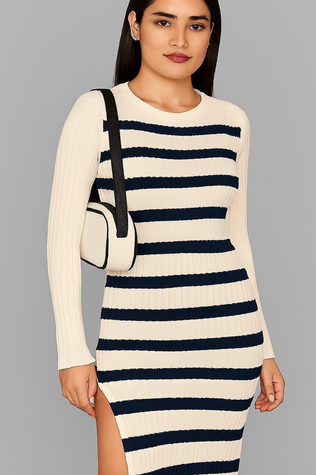 Acrylic Cream & Navy Striped Knit Midi Dress