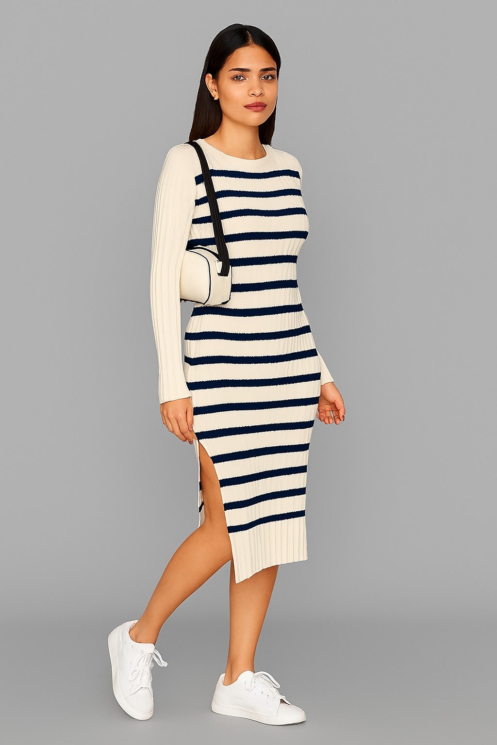 Acrylic Cream & Navy Striped Knit Midi Dress