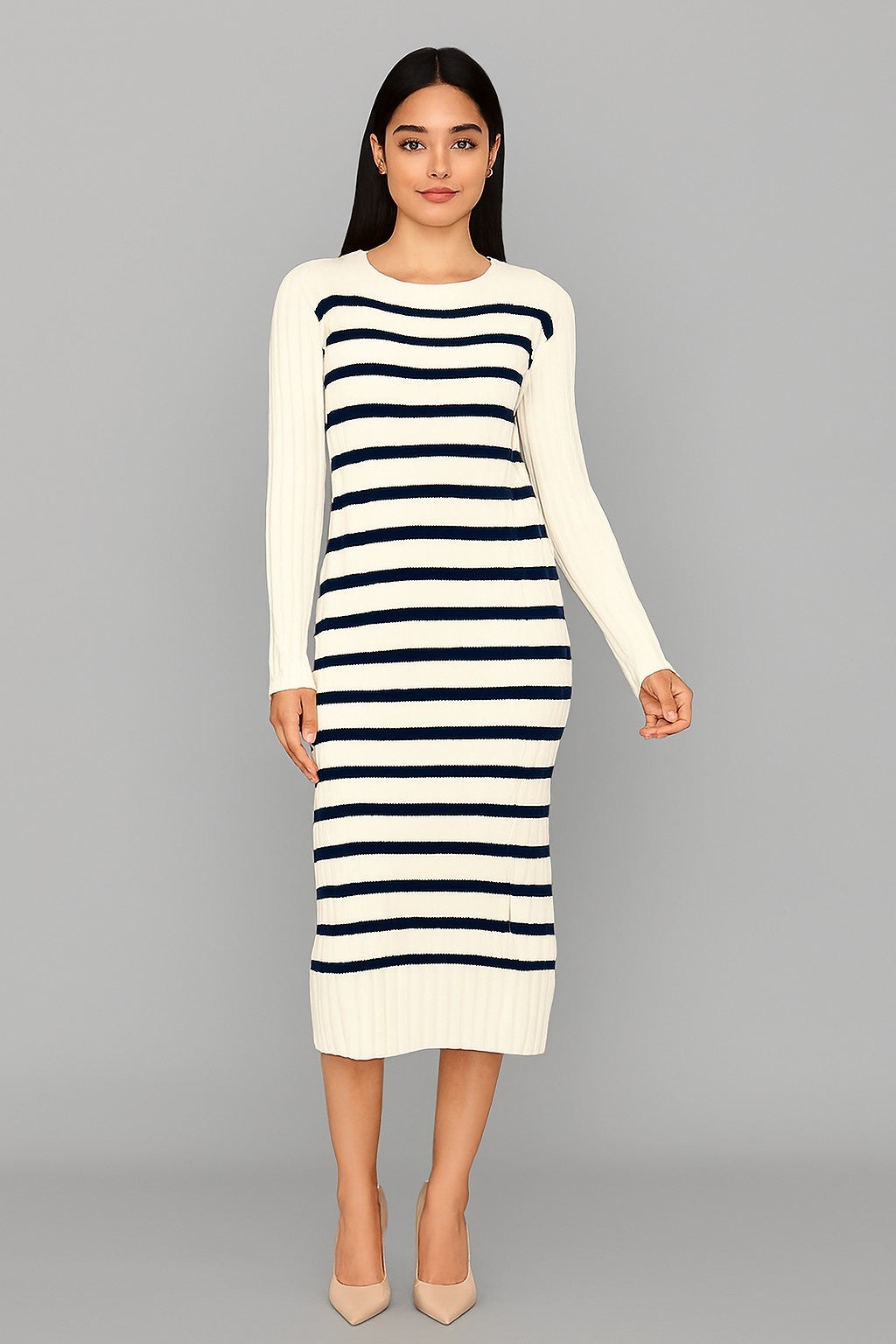 Acrylic Cream & Navy Striped Knit Midi Dress