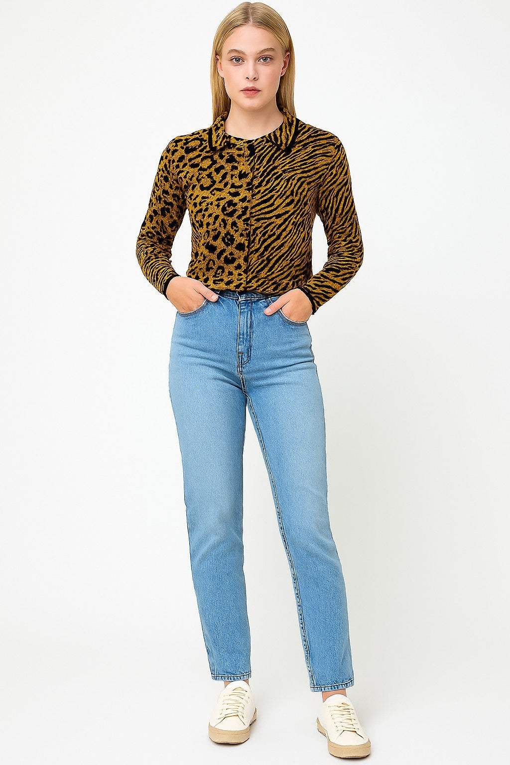 Acrylic Full Sleeve with Brown & Black Animal Print Button-Up Cardigan