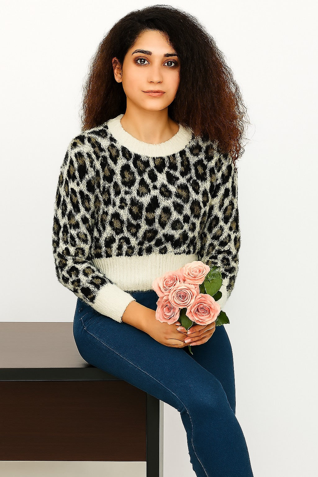 Black Tiger Print Down Shoulder Sweater