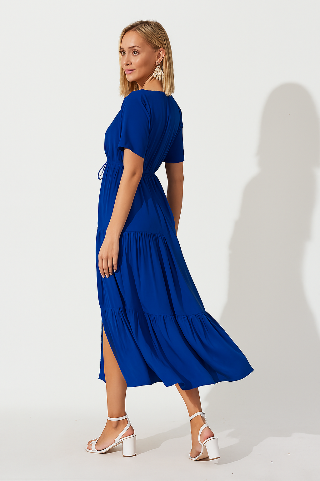Blue Tiered Maxi Dress with Cinched Waist & Side Pockets