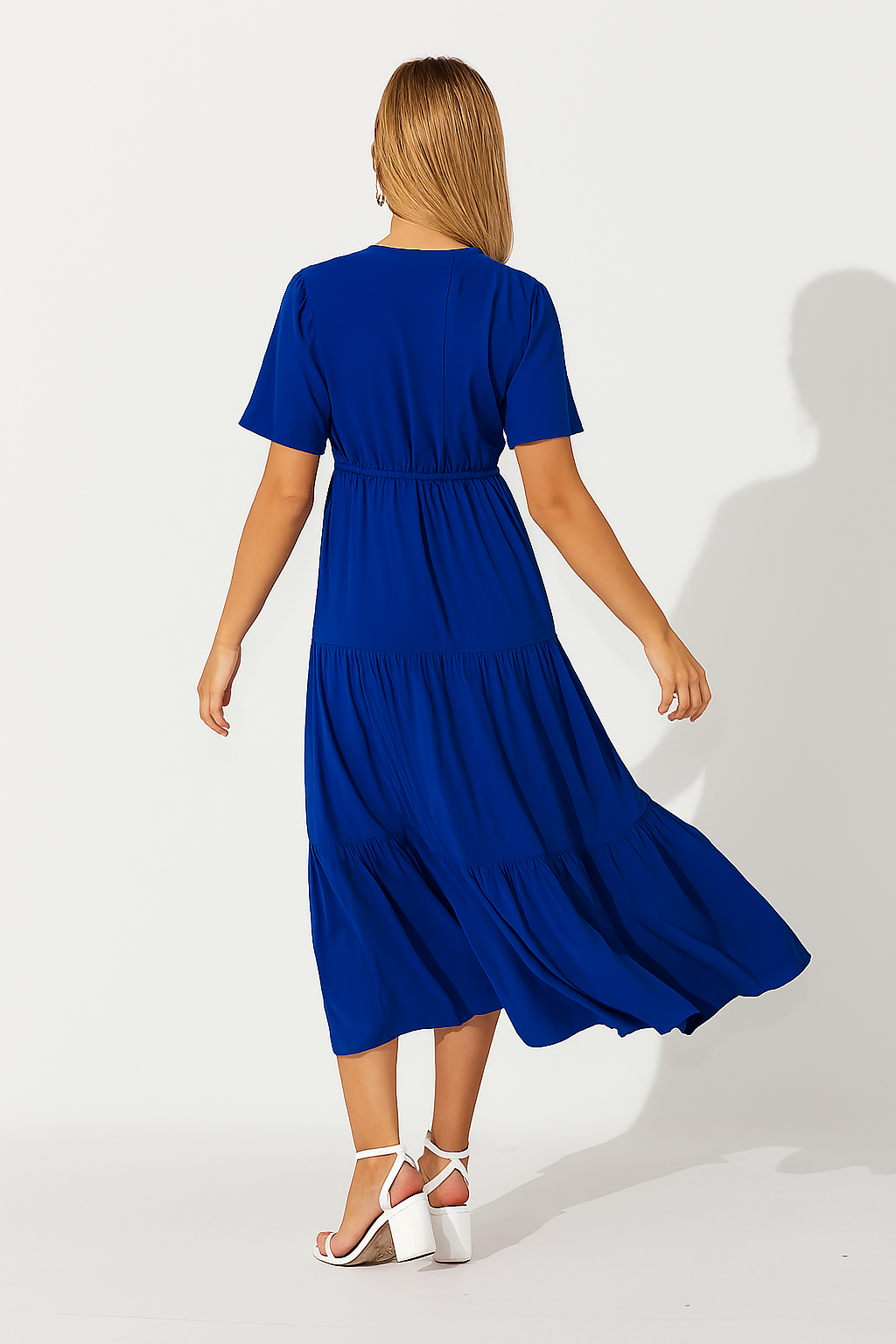 Blue Tiered Maxi Dress with Cinched Waist & Side Pockets