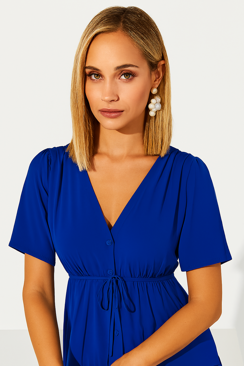 Blue Tiered Maxi Dress with Cinched Waist & Side Pockets