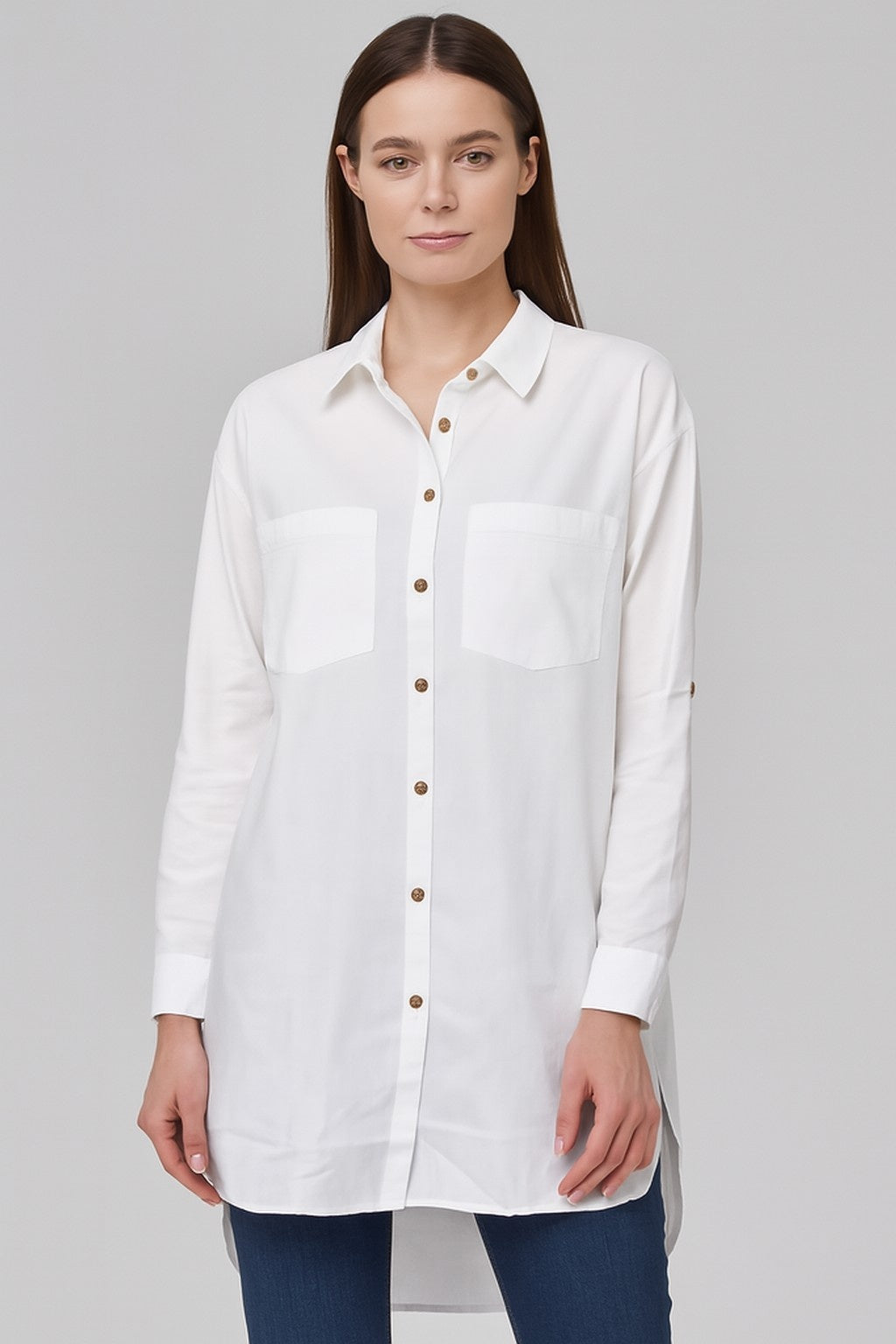 Cotton Loose Fit White Shirt with Back Button High-Low Hem