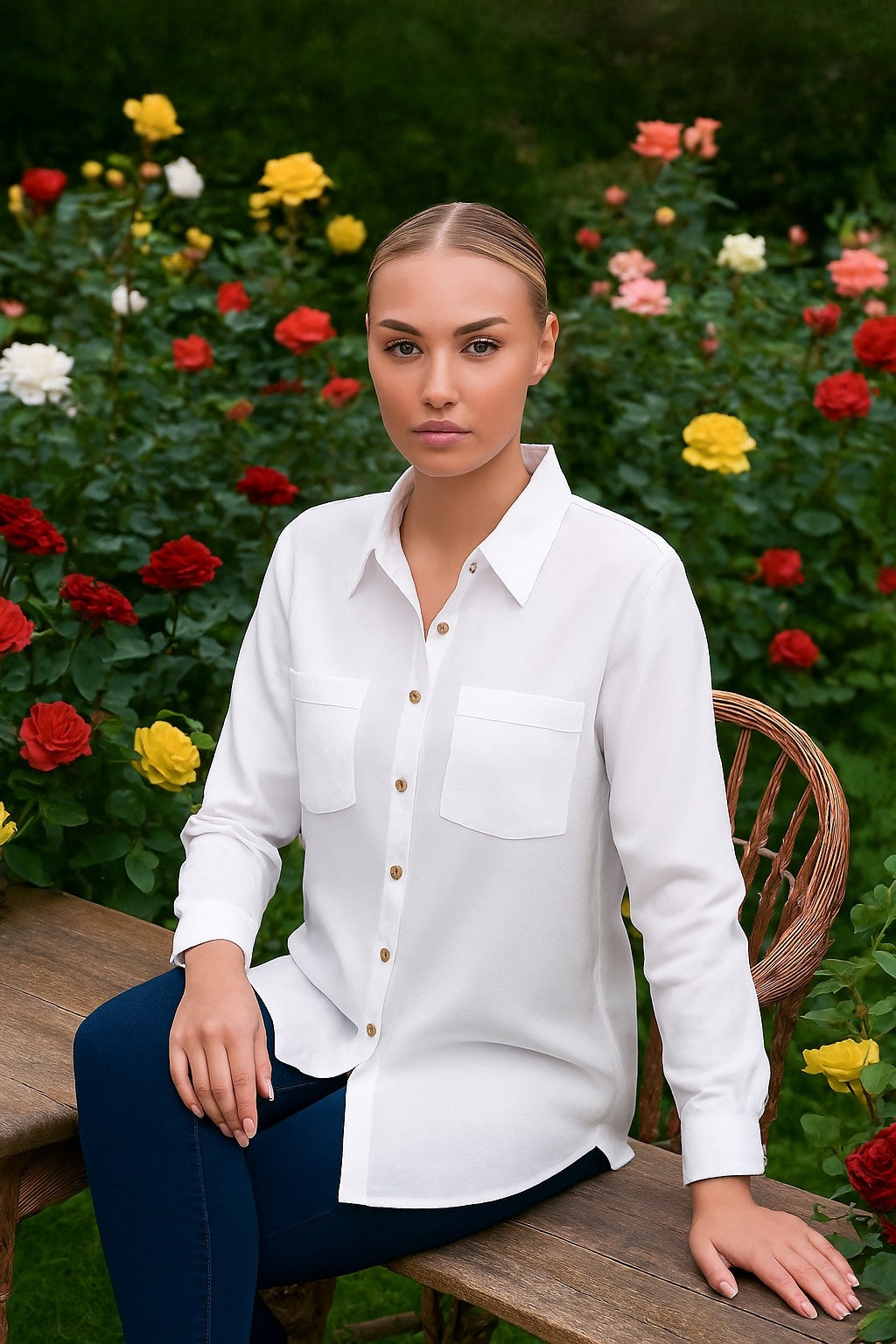 Cotton Loose Fit White Shirt with Back Button & High-Low Hem