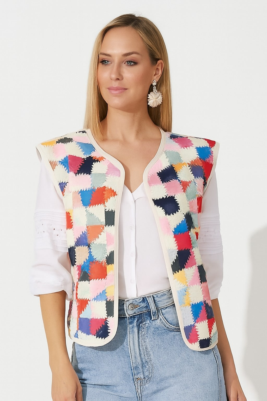 Multicolour Patchwork Cotton Sleeveless Jacket