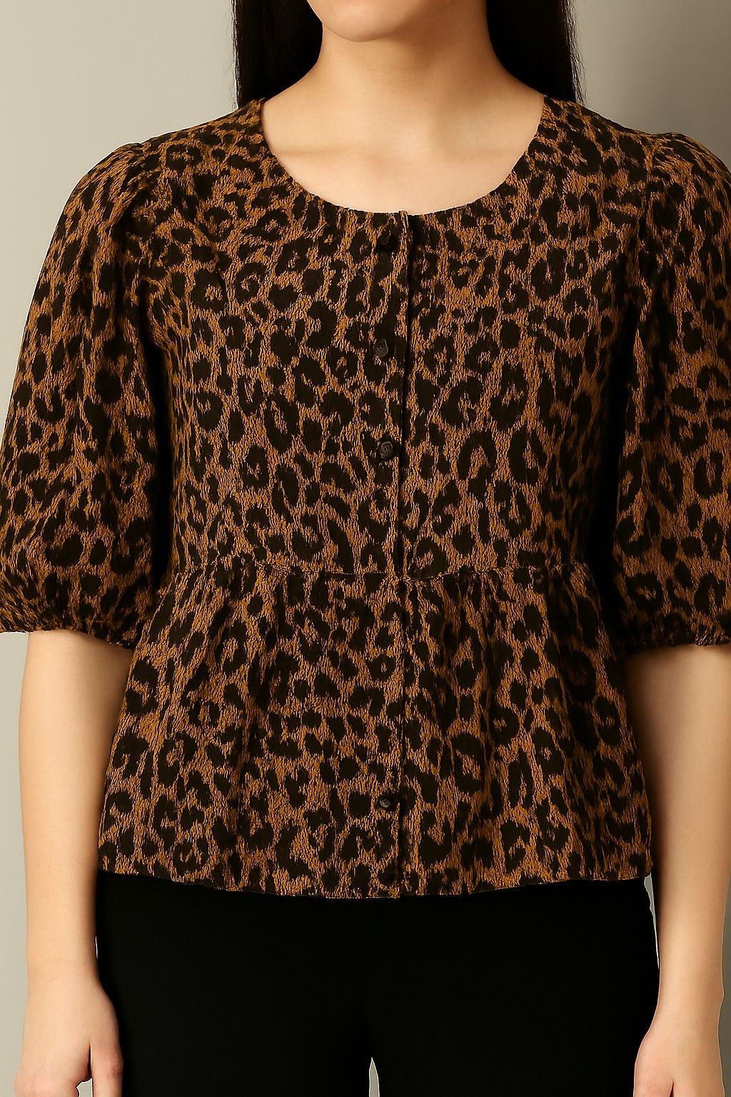 Black Tiger Print Cotton Peplum Top
