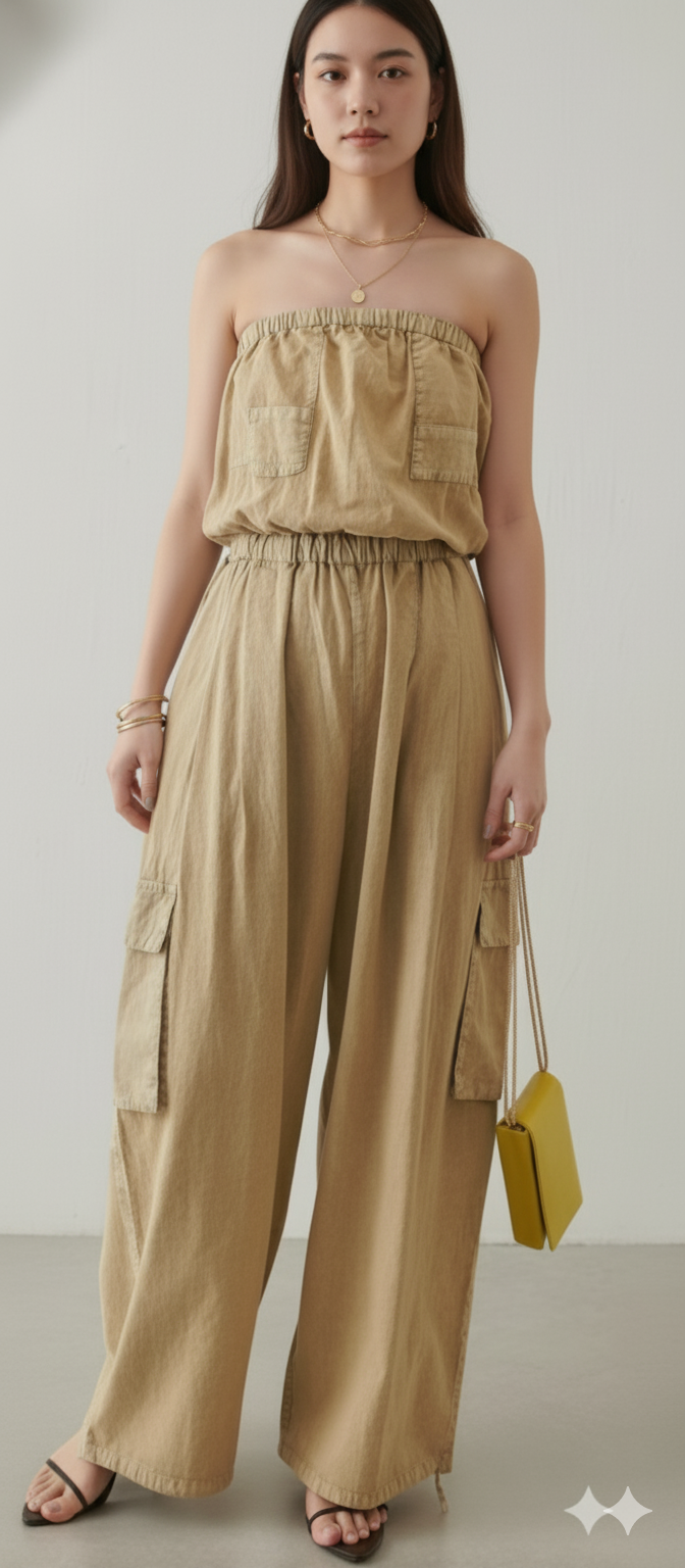 Cotton Brown Tube Cargo Jumpsuit