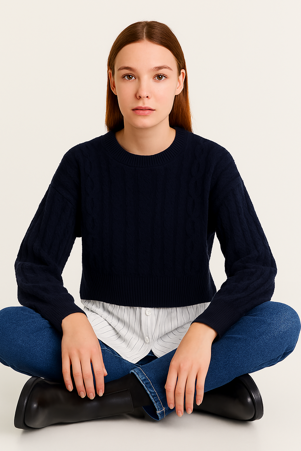 Dark Blue Acrylic Layered Cable-Knit Sweater