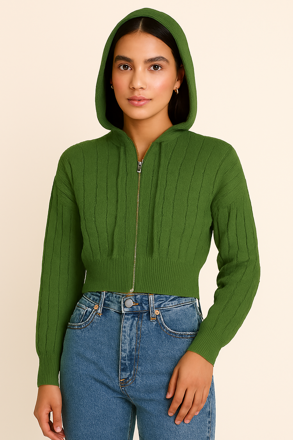 Green Hooded Zip-Up Sweatshirt