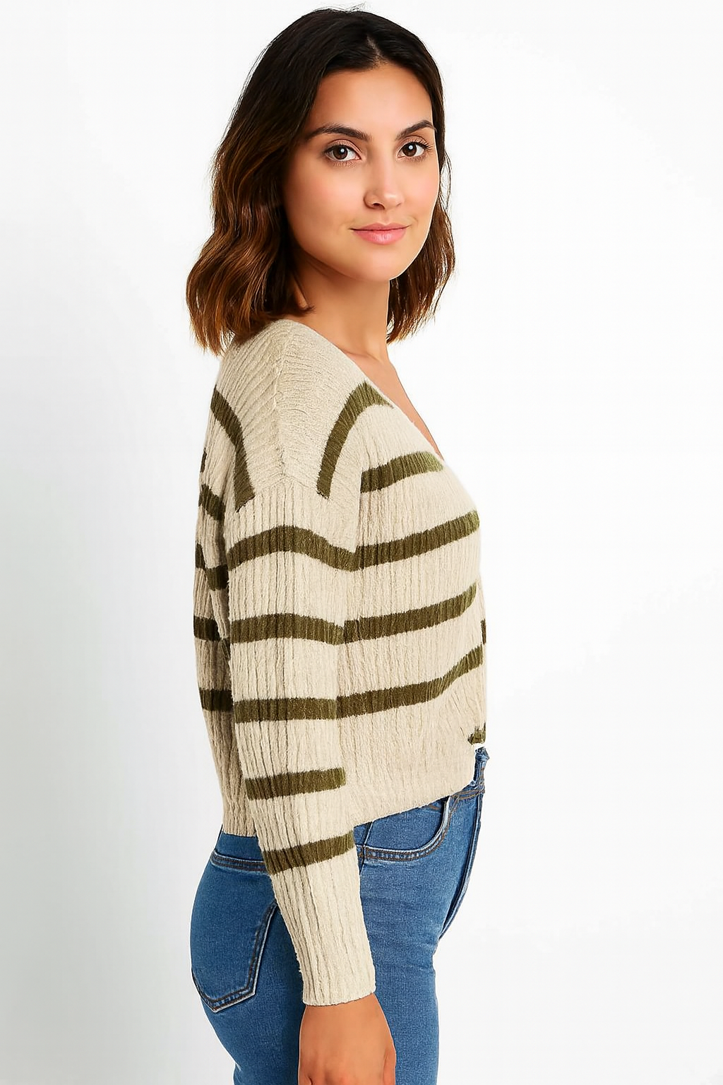 Acrylic Full Sleeve with Striped Knit Button-Front Brown Cardigan