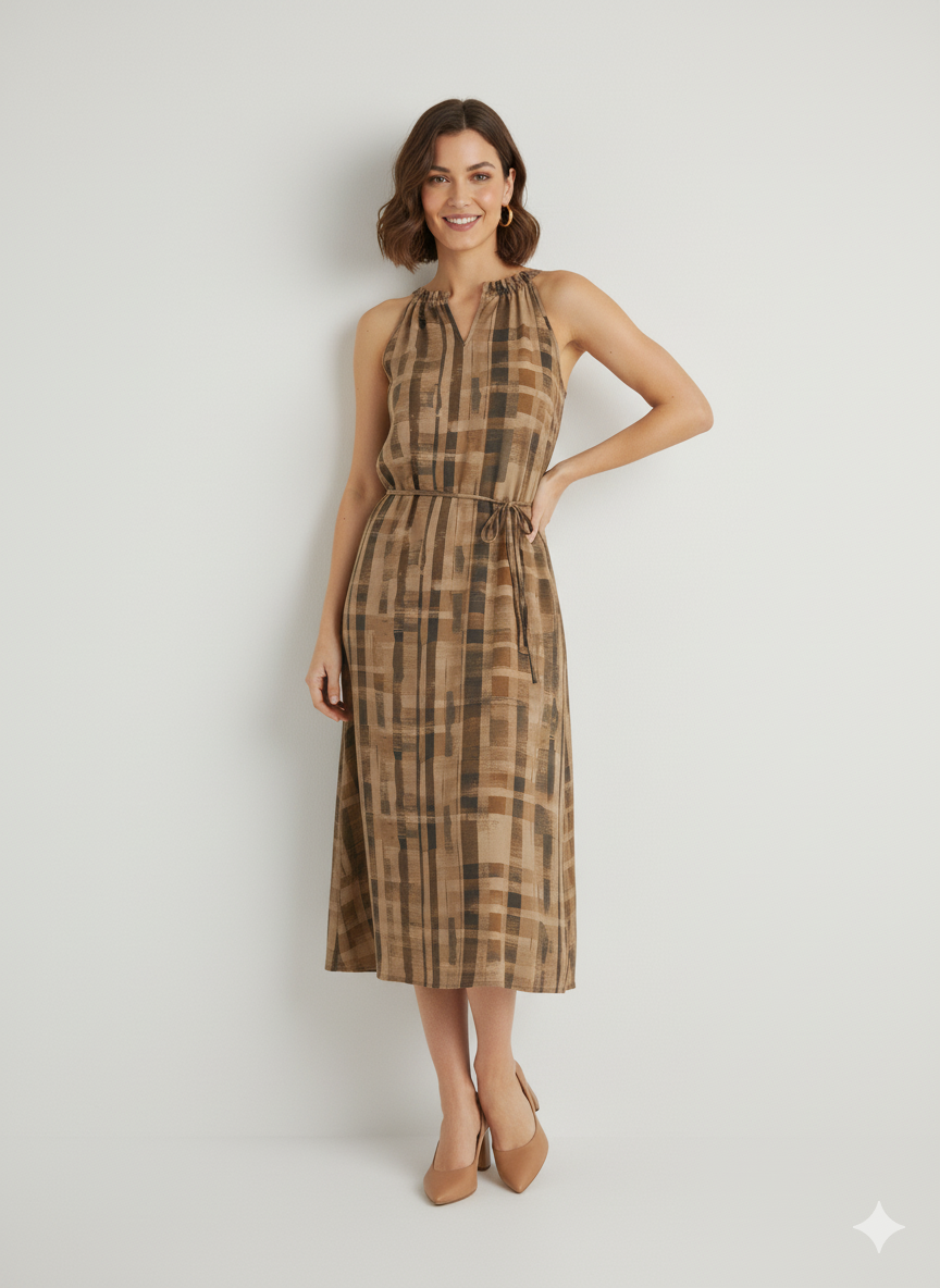 Casual Checked Shoulder-less Viscose Dress