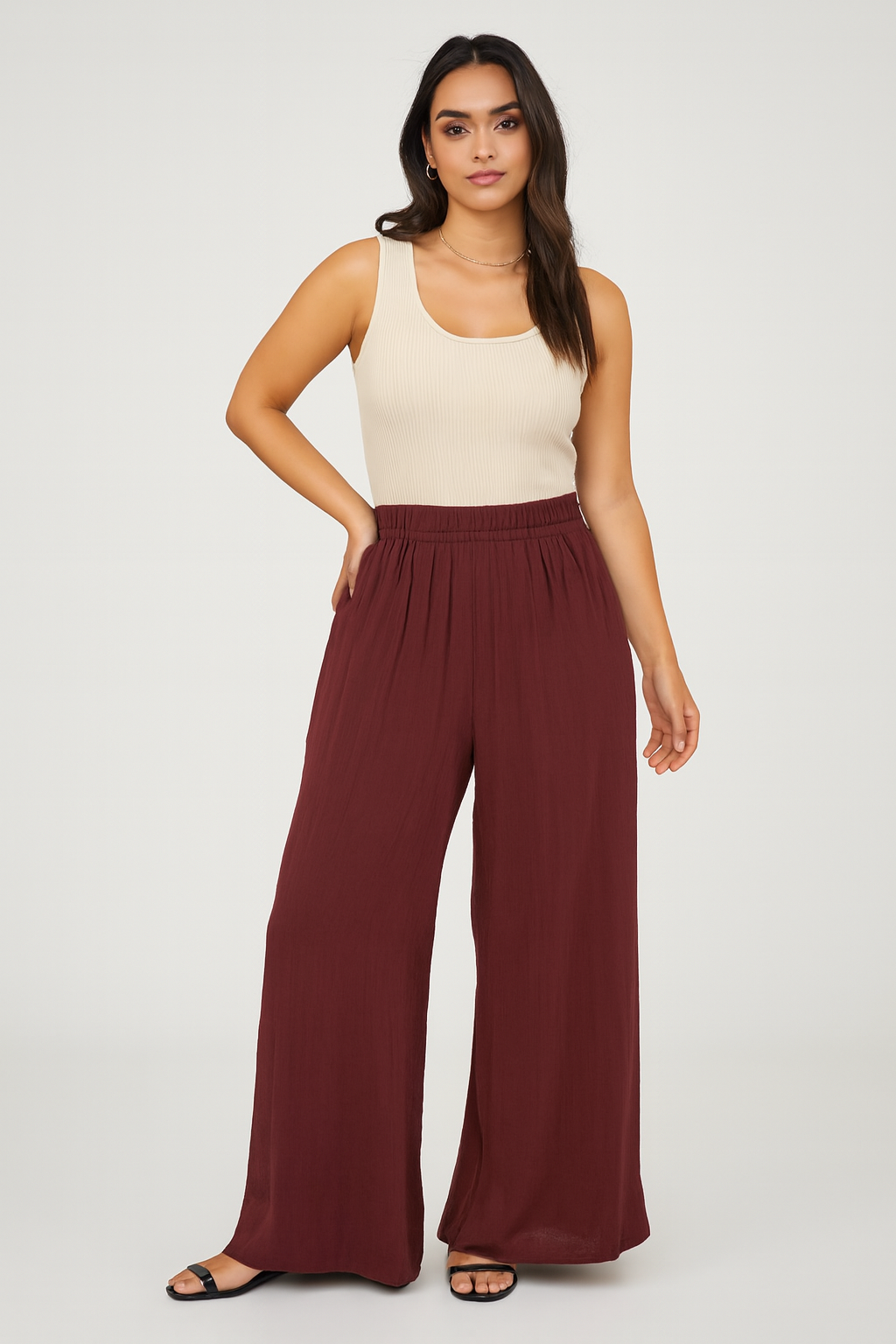Rayon Maroon Solid Palazzo Pants with Elastic Waistband and Side Pockets